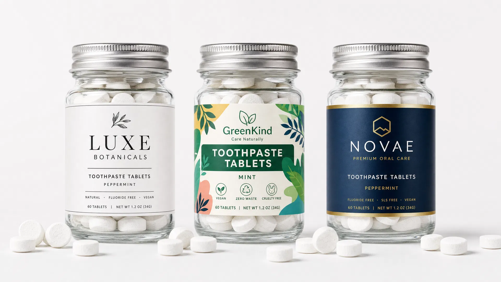Custom glass bottle label for toothpaste tablets — private label branding