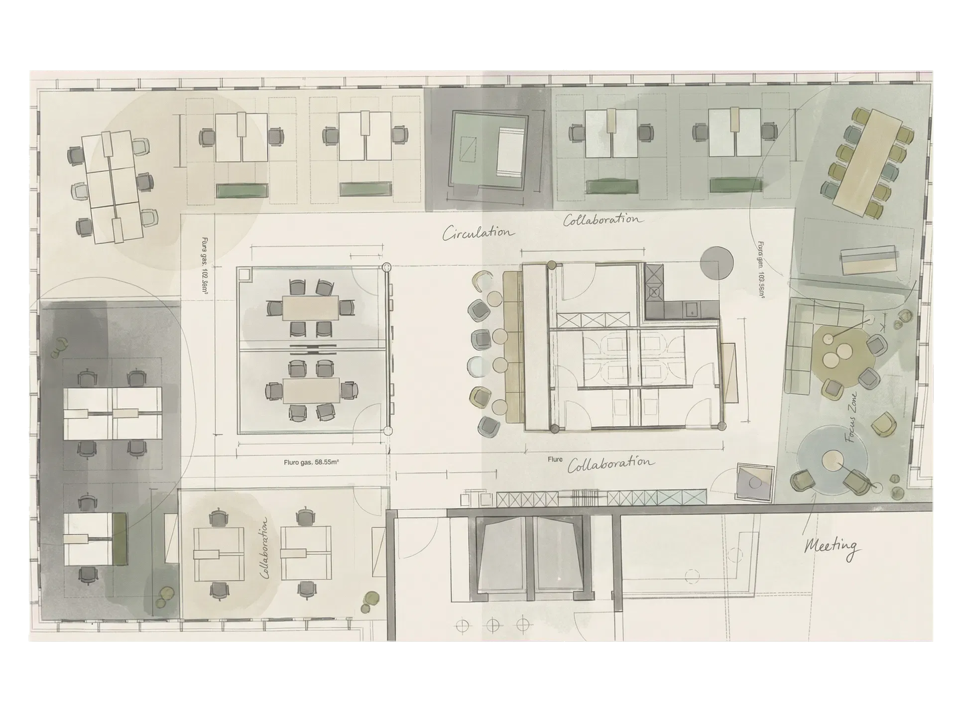 Abstrahierte architektonische Darstellung des Büros als ruhige Hover-Karte