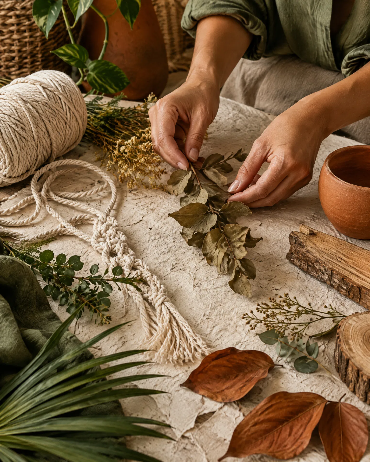 Mãos organizando materiais para um projeto artesanal