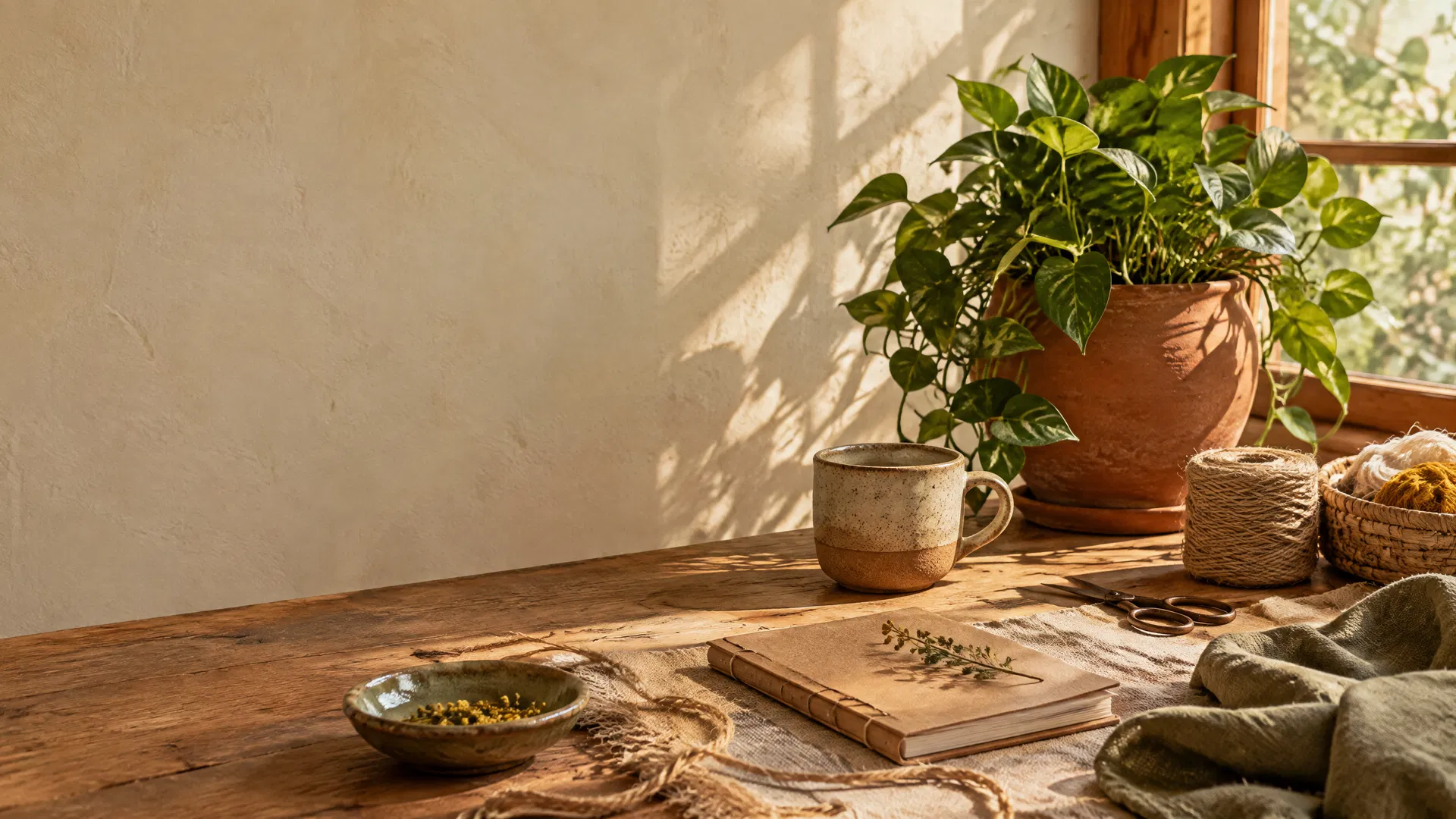 Mesa de madeira com materiais de artesanato, planta e caderno sob luz natural