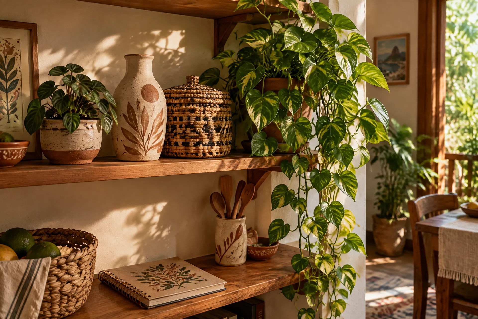 Prateleira com objetos artesanais e plantas