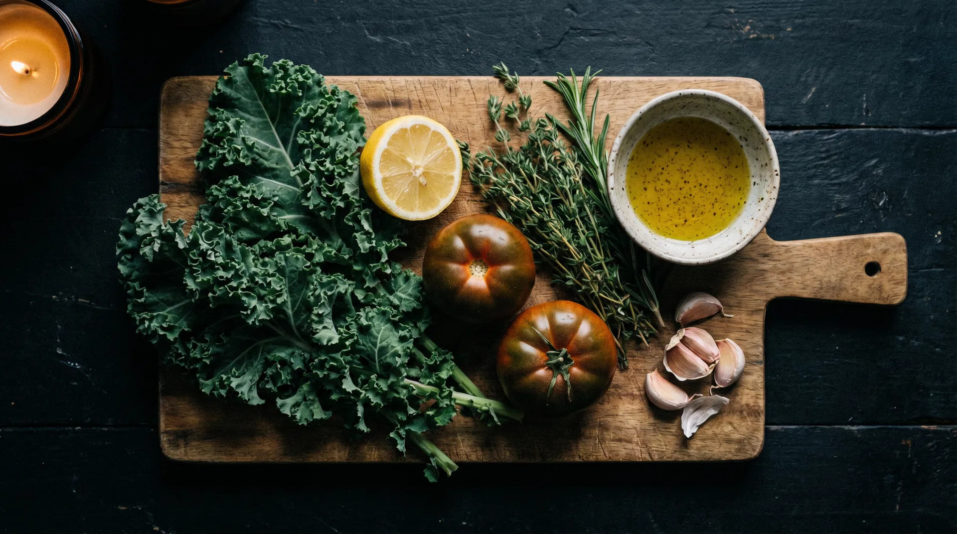 Fresh whole ingredients on a dark chopping board with candlelight
