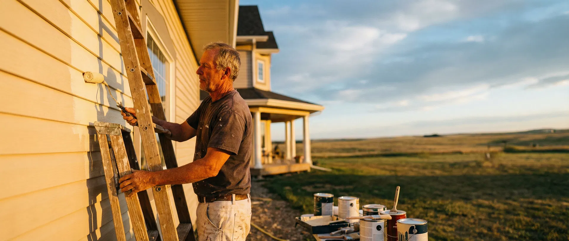 Professional house painter working on a residential home exterior in Alberta at golden hour