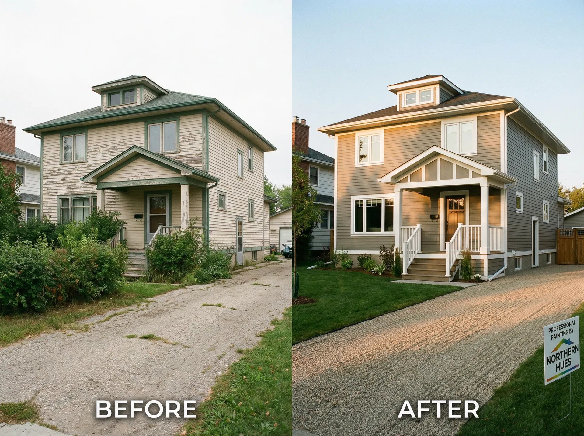 Before and after exterior house painting transformation in Red Deer Alberta