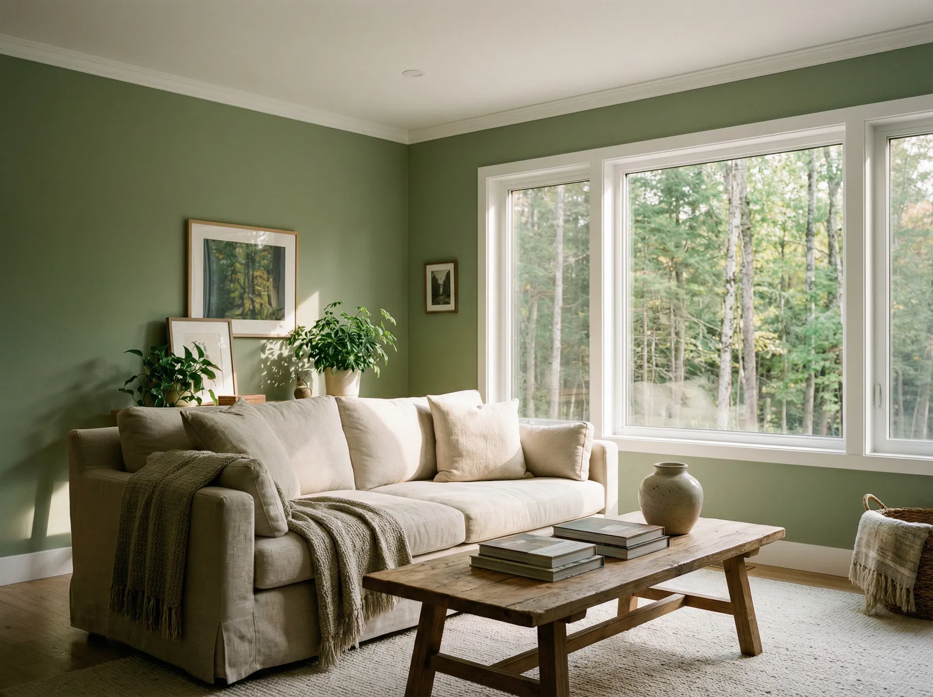 Freshly painted sage green living room interior with natural light