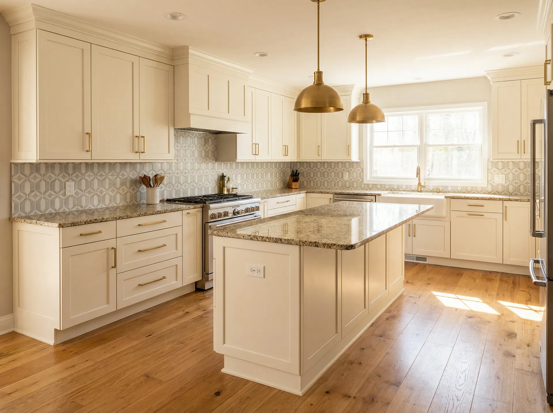 Beautifully repainted cream kitchen cabinets with brass hardware