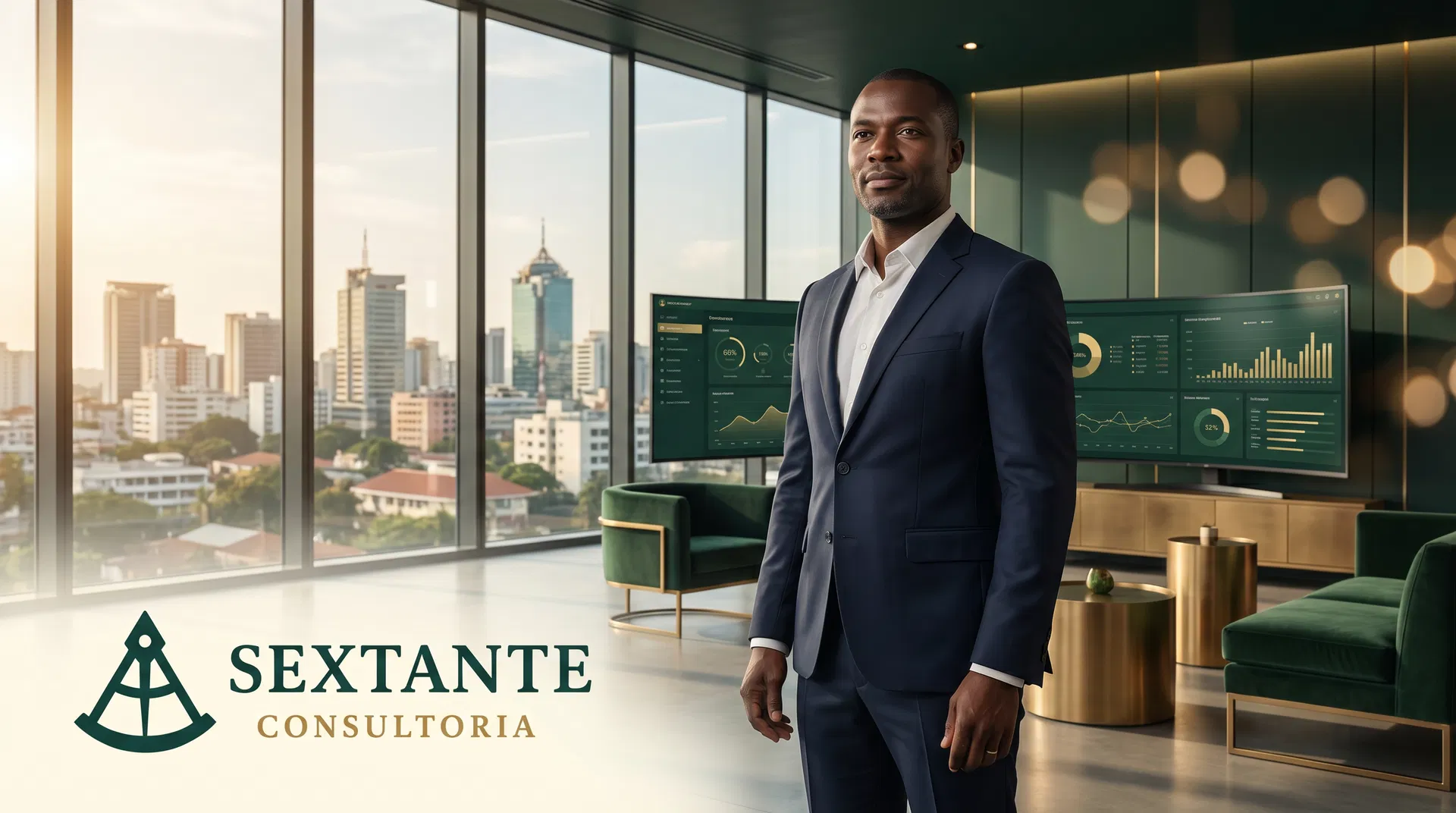Sextante Consultoria — Executivo africano em escritório high-tech