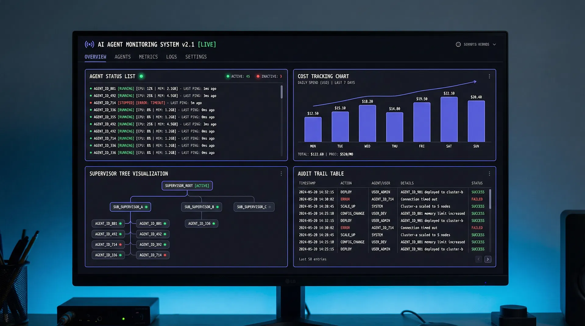 Nexus OS Dashboard — Agent monitoring, cost tracking, supervisor tree, audit trail