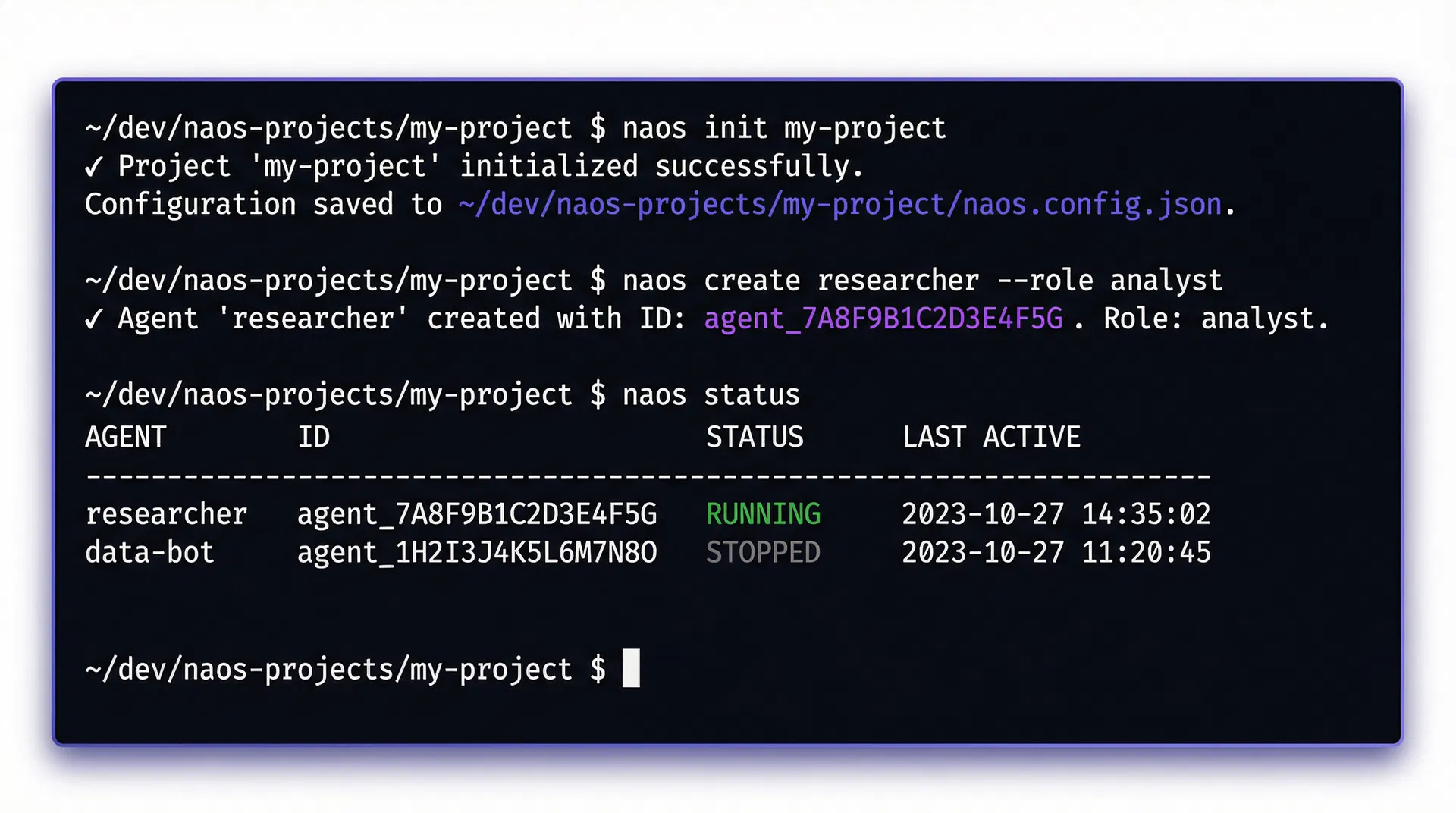 naos CLI in action — init, create, status commands