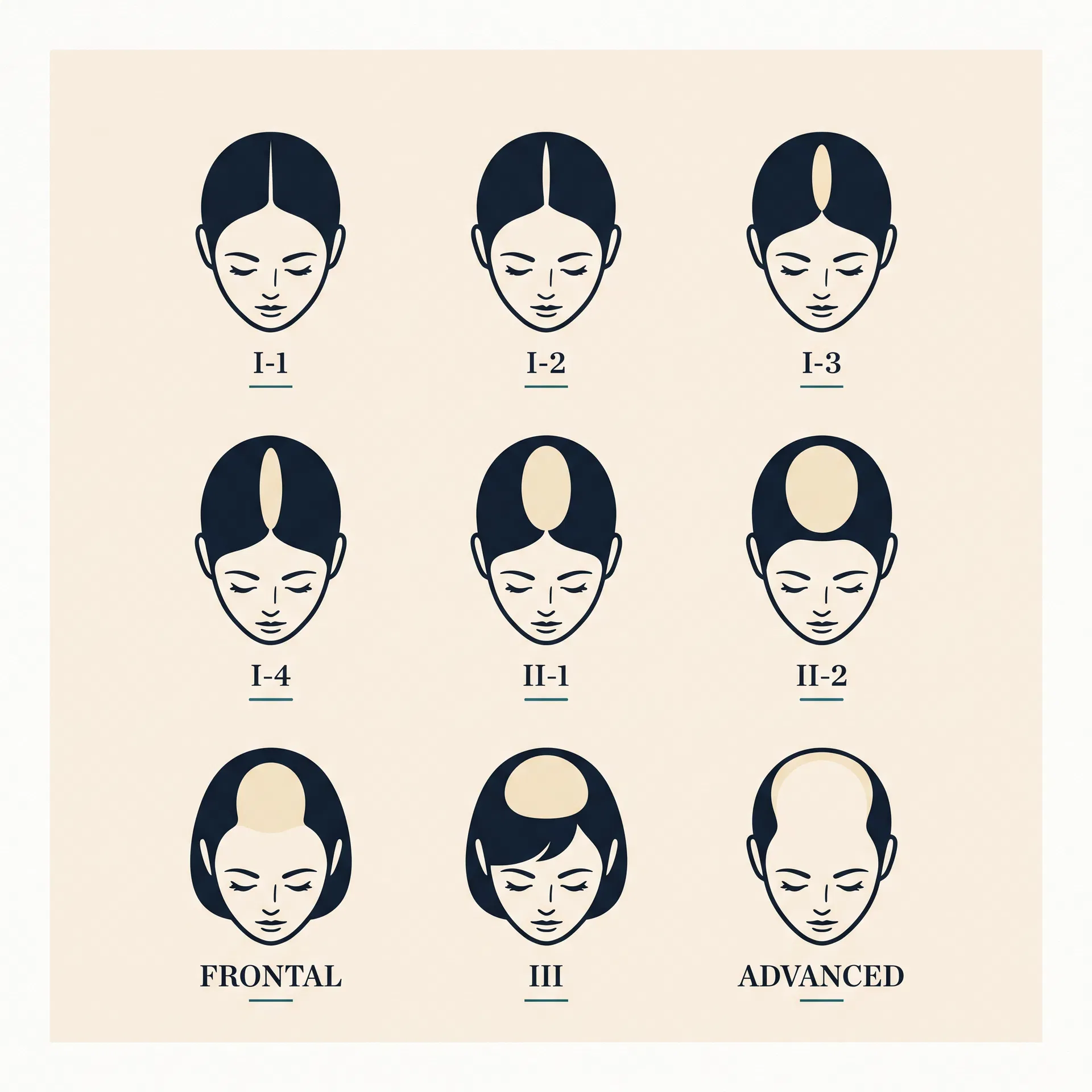 Nine-stage women's hair loss classification chart, Type I through Advanced