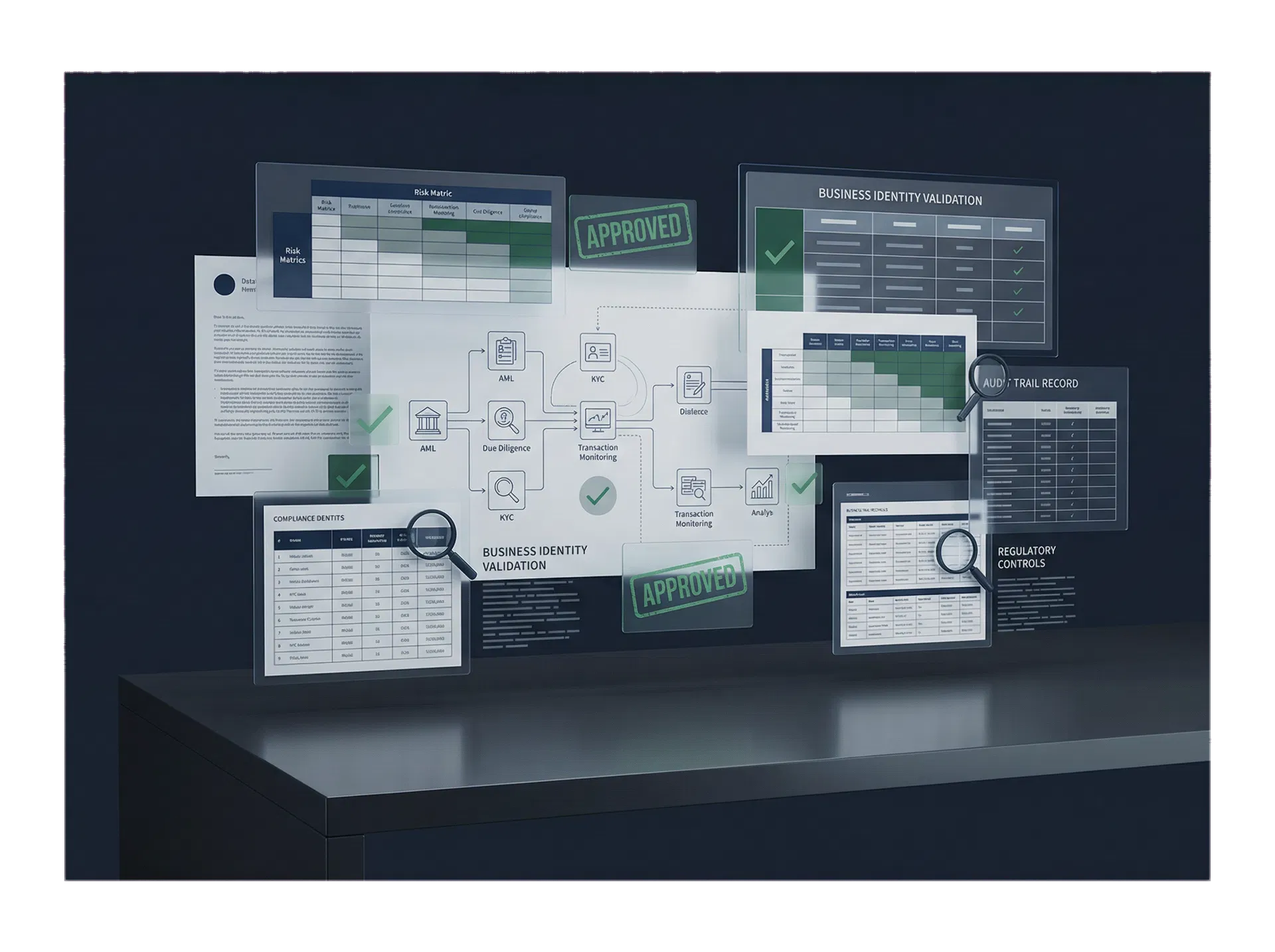 Painel institucional representando controles de compliance e validação empresarial
