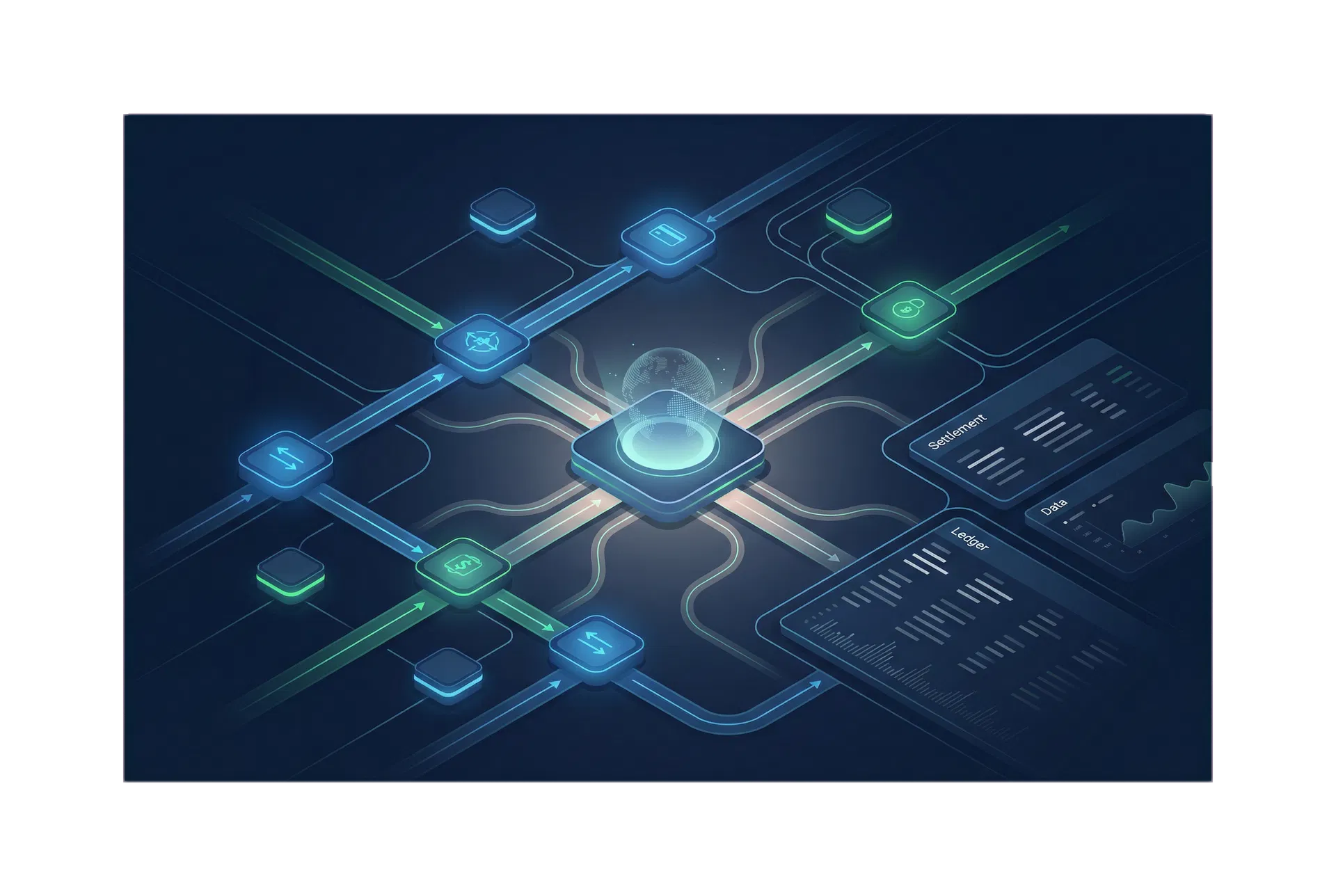 Rede abstrata representando roteamento de pagamentos empresariais