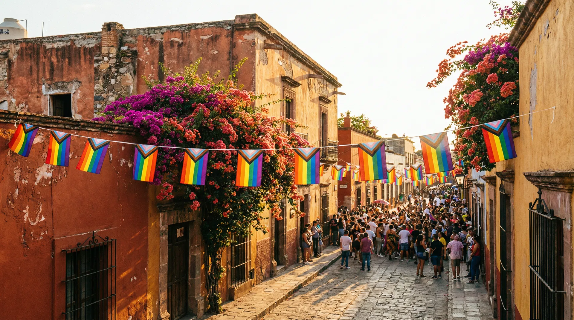Vibrant Mexican colonial street with rainbow Pride flags at golden hour