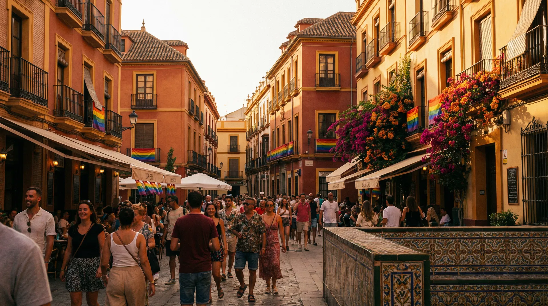 Vibrant Spanish street with rainbow flags at golden hour
