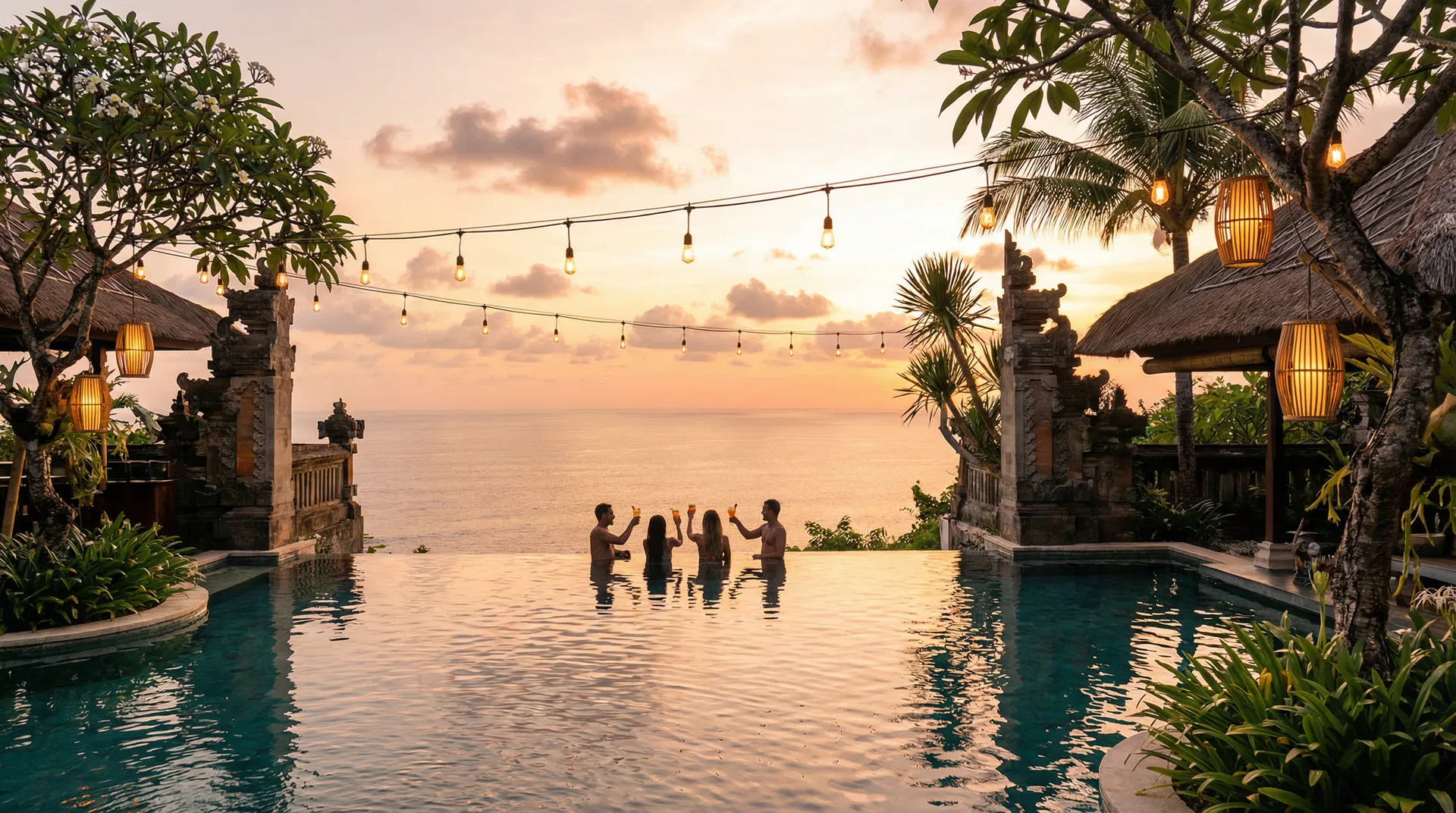 Friends toasting at a Bali cliff-edge infinity pool at sunset