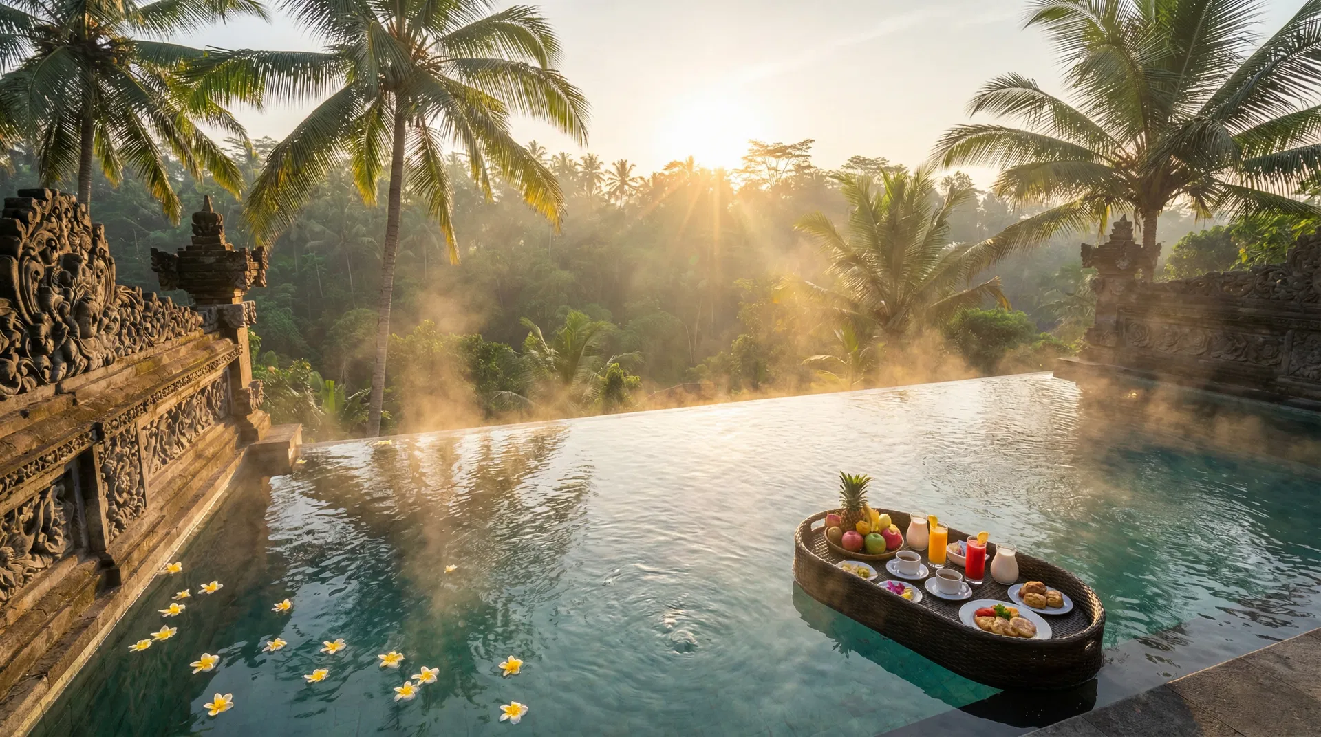 Floating breakfast at a private villa infinity pool overlooking Bali jungle