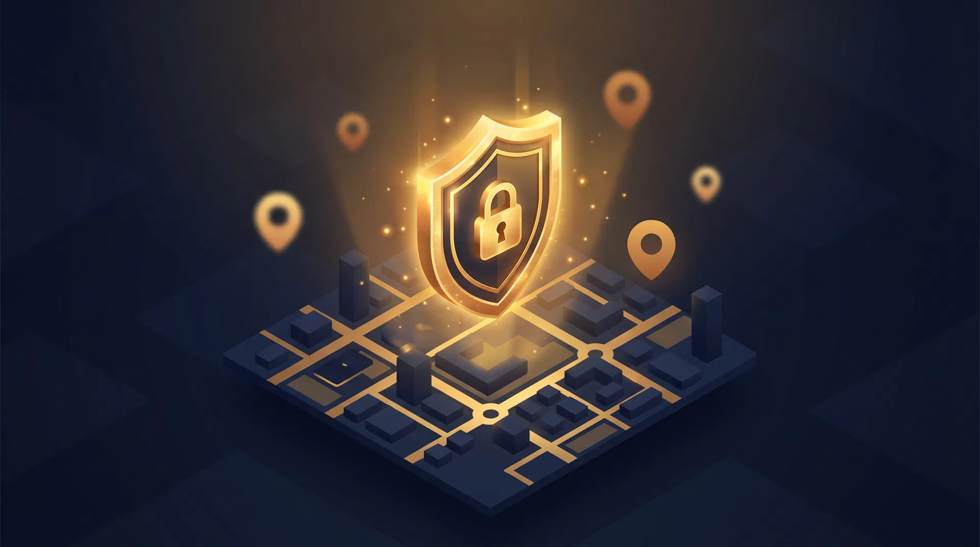 Escudo dourado de privacidade sobre mapa da cidade