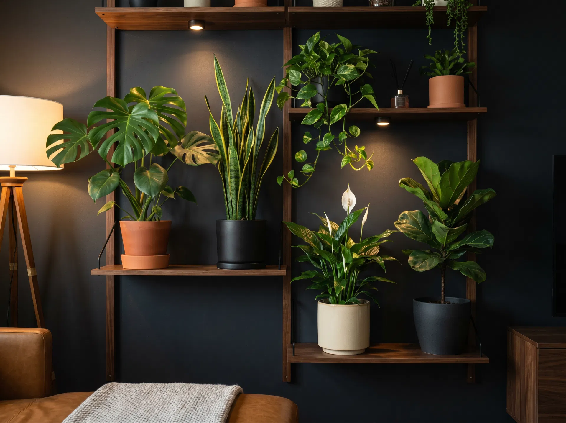 Collection of houseplants on dark shelves