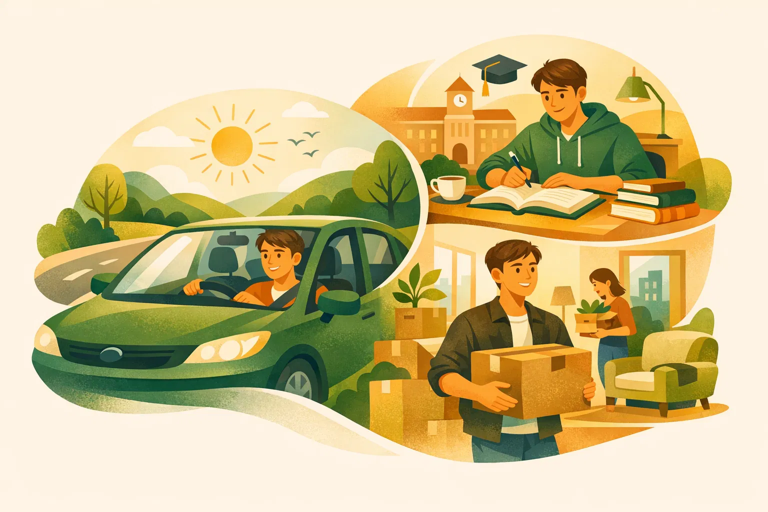 Junger Erwachsener beim Führerschein, Studium und Einzug in erste Wohnung