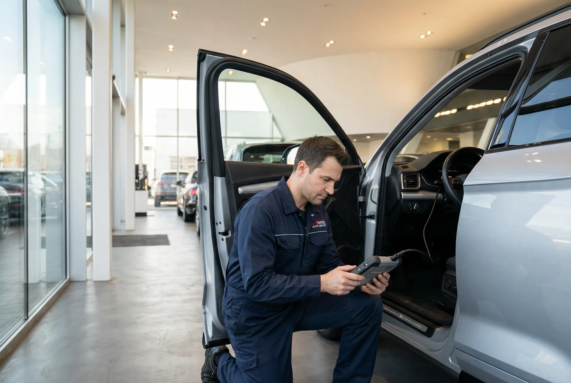 Techniker im Arbeitsoverall mit OBD-Diagnosegerät am Fahrzeug