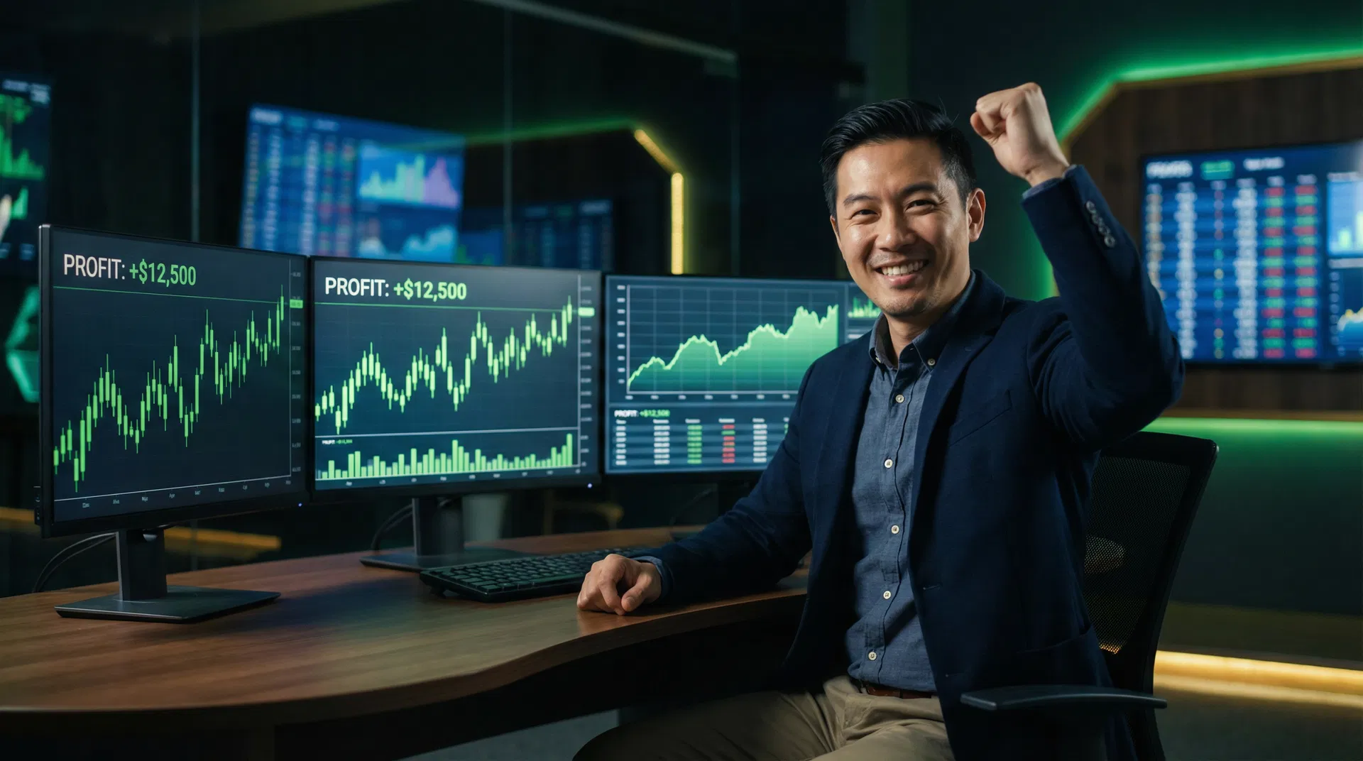 Happy Asian trader celebrating forex rebates