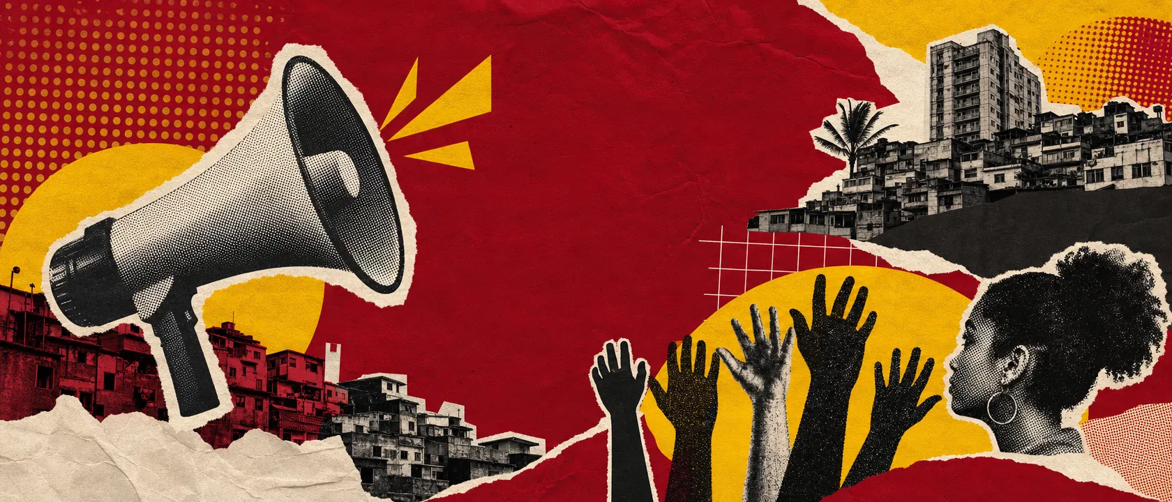 Colagem editorial com megafone, mãos erguidas e paisagem urbana periférica — identidade visual do projeto Educação Midiática, Direitos Humanos e Periferias
