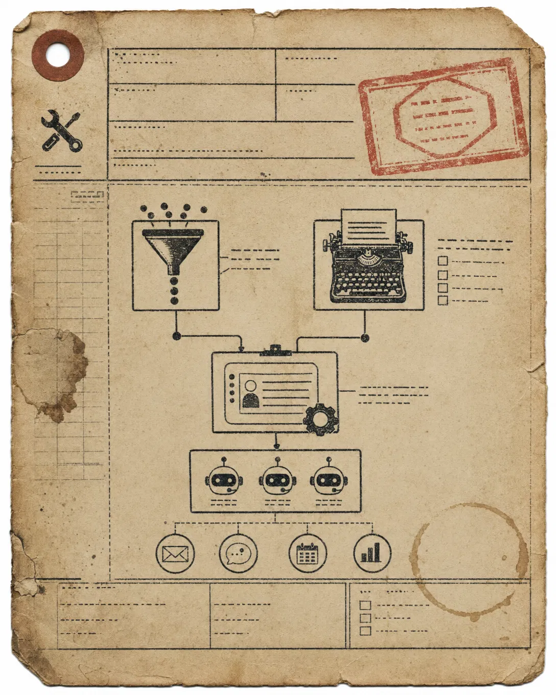 Vintage repair ticket illustration showing AI business systems