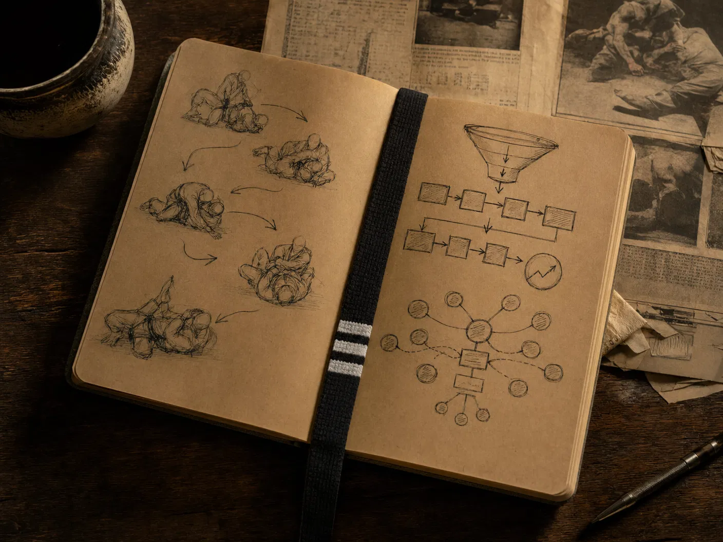 Field notebook connecting Jiu-Jitsu and business systems