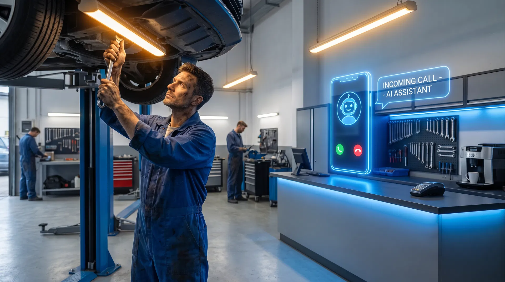 AI receptionist for auto repair shops — mechanic working while AI answers the phone