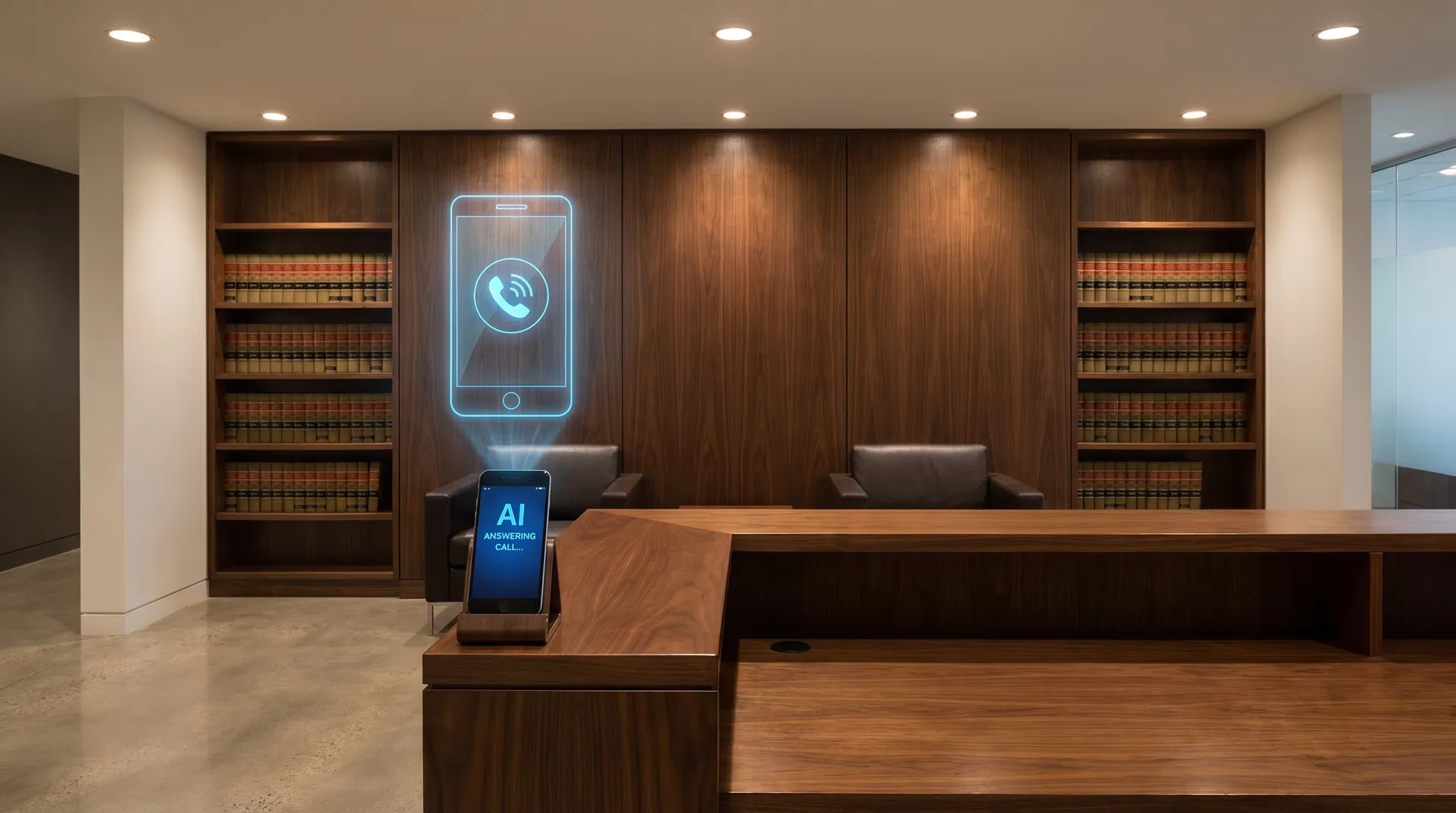 AI receptionist for law firms — professional legal office with AI phone technology