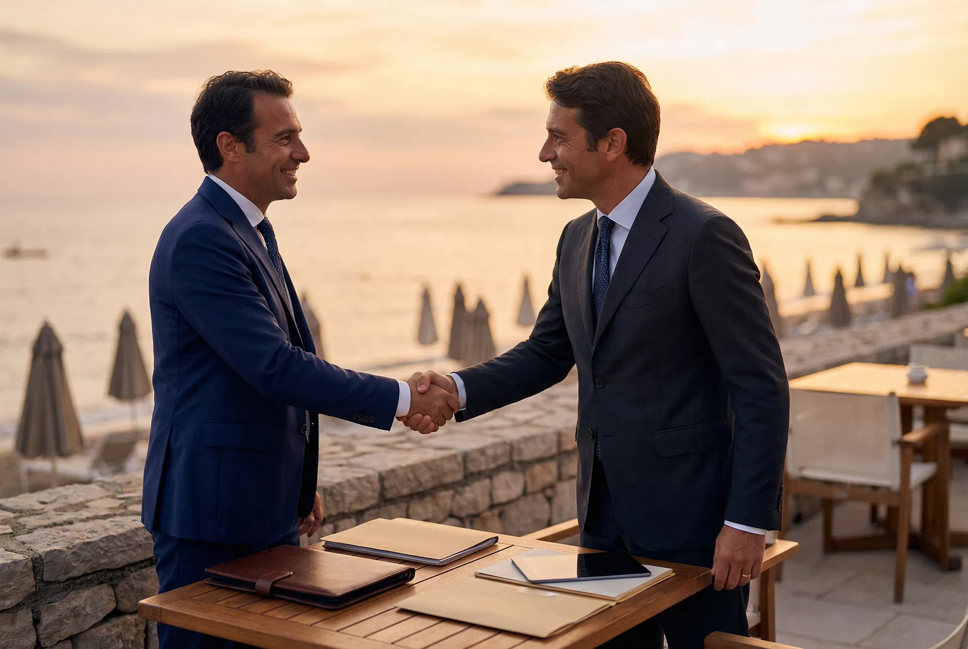 Stretta di mano tra professionisti al tramonto