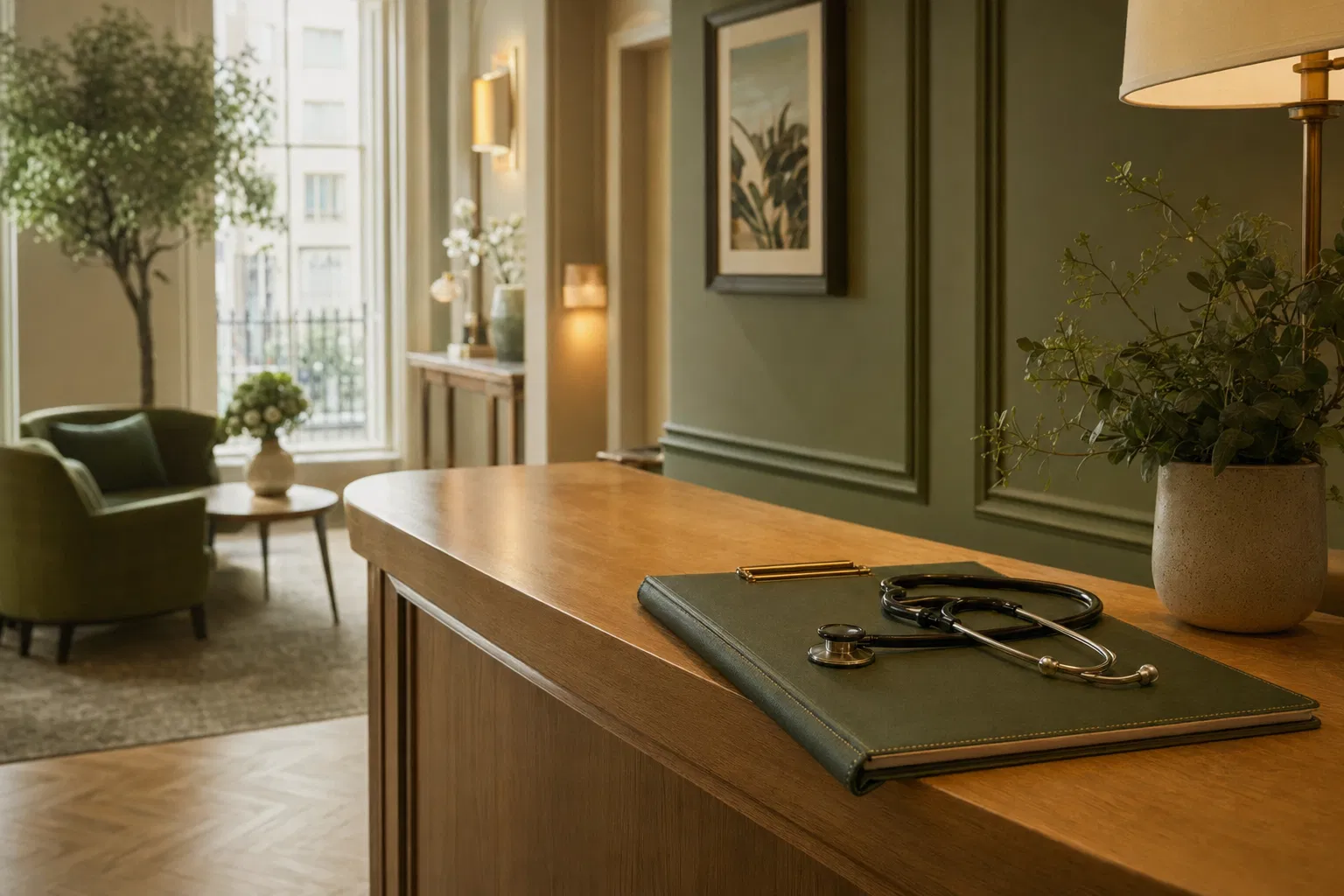 A calm UK private clinic reception with a stethoscope on a leather clipboard
