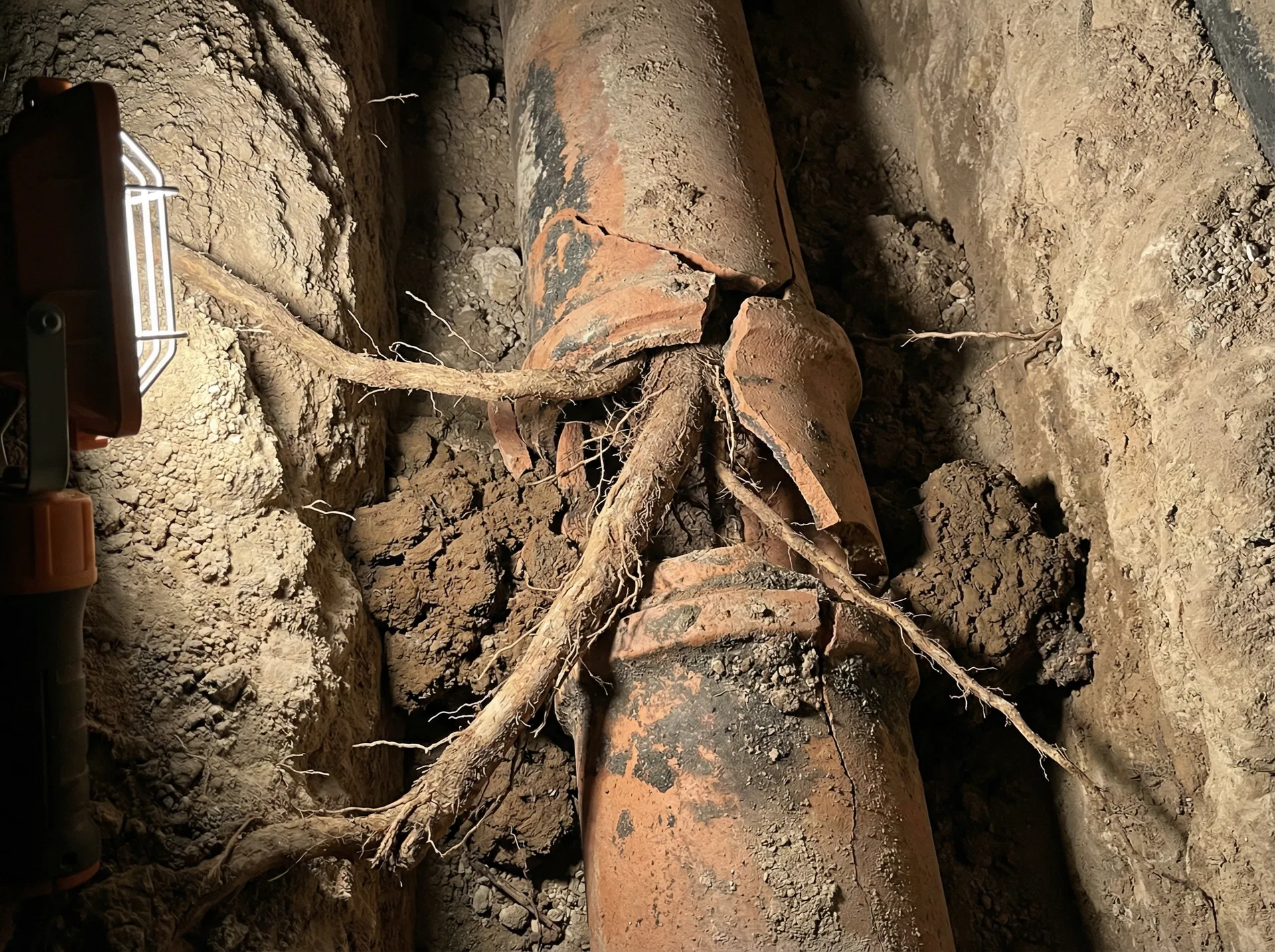 Cracked clay sewer pipe with root intrusion in Paradise NV caliche soil