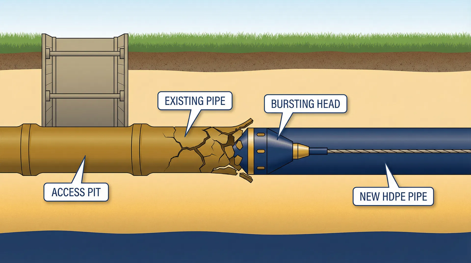 Technical cross-section diagram of trenchless pipe bursting method