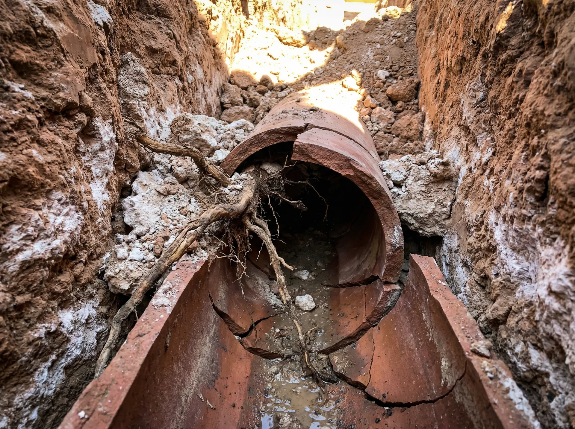 Cracked and offset clay sewer pipe in Nevada caliche soil