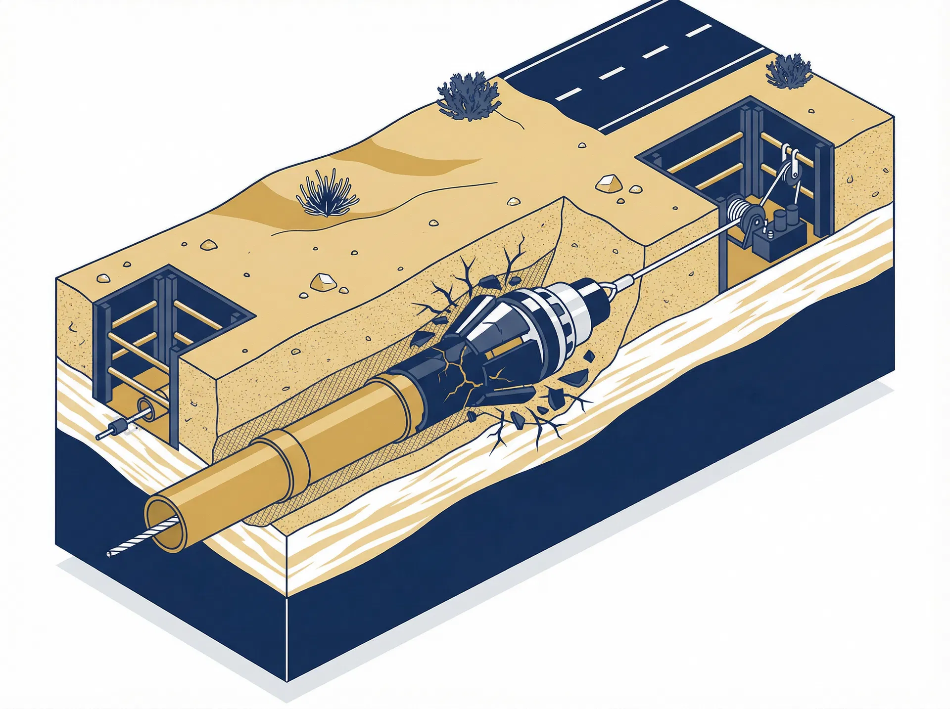 Trenchless pipe bursting cross-section diagram