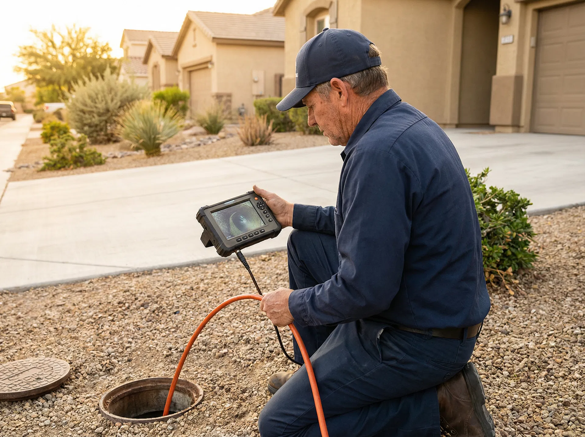 Technician performing sewer camera inspection in Enterprise NV neighborhood