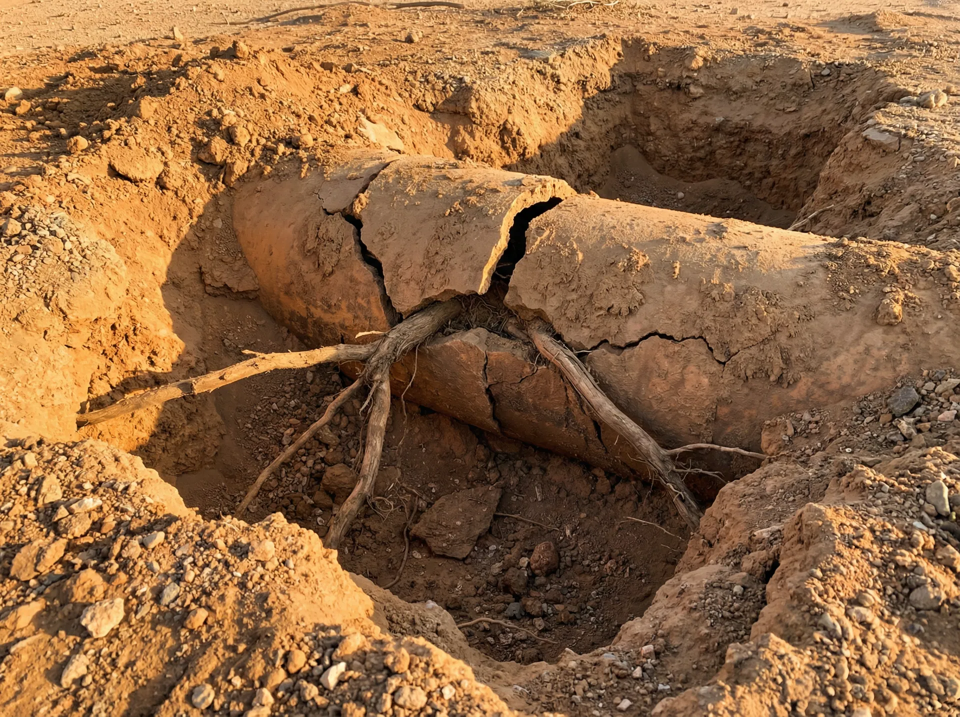 Cracked sewer pipe with root intrusion in Laughlin desert soil