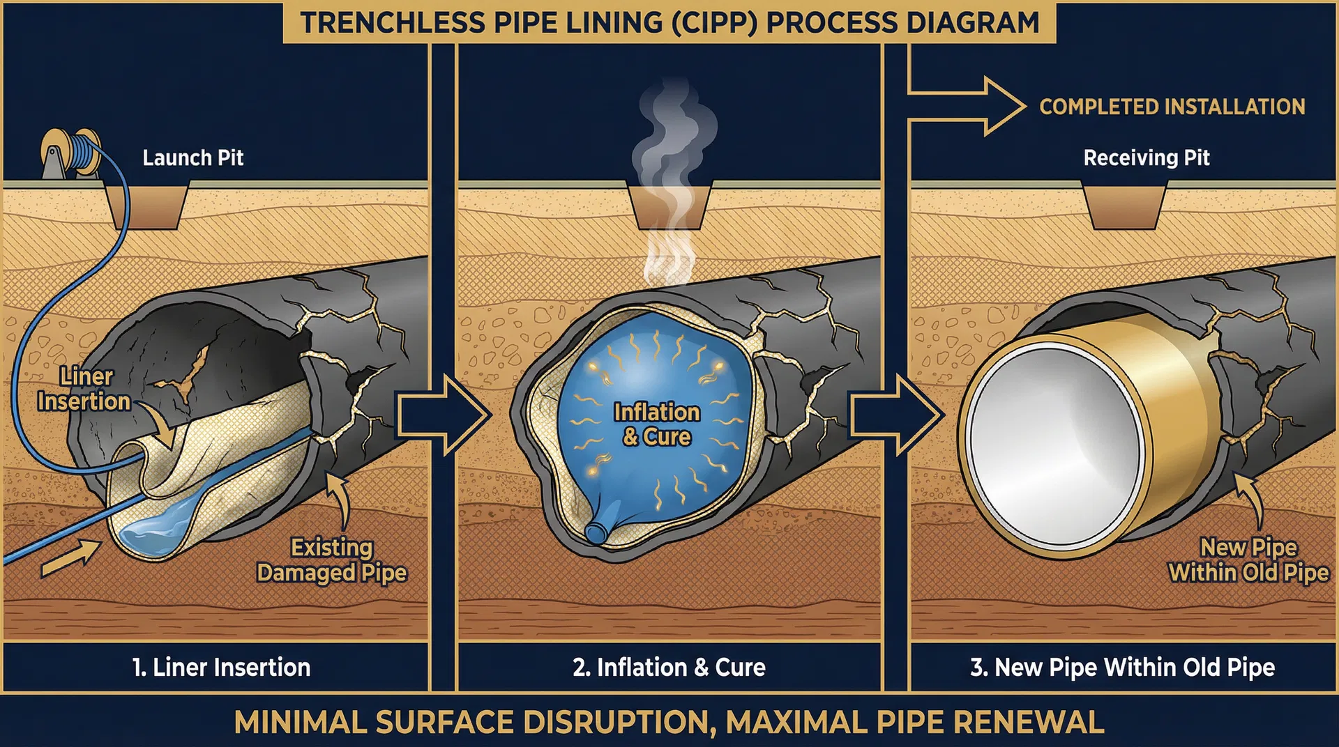 Trenchless CIPP pipe lining process cross-section diagram