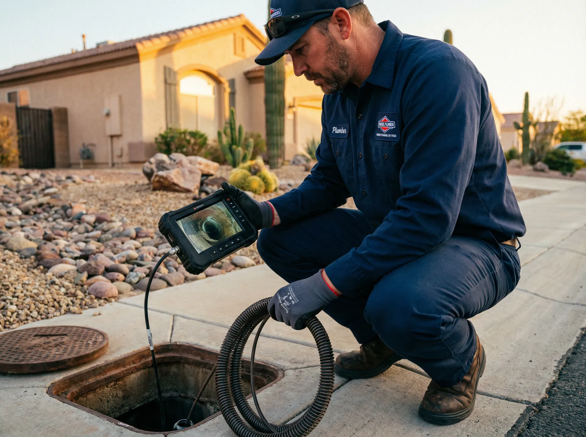 Laughlin plumber performing sewer camera inspection at residential property