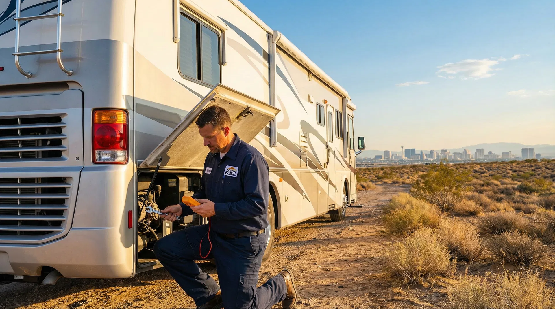 702 Supreme RV Repair technician working on motorhome near Las Vegas
