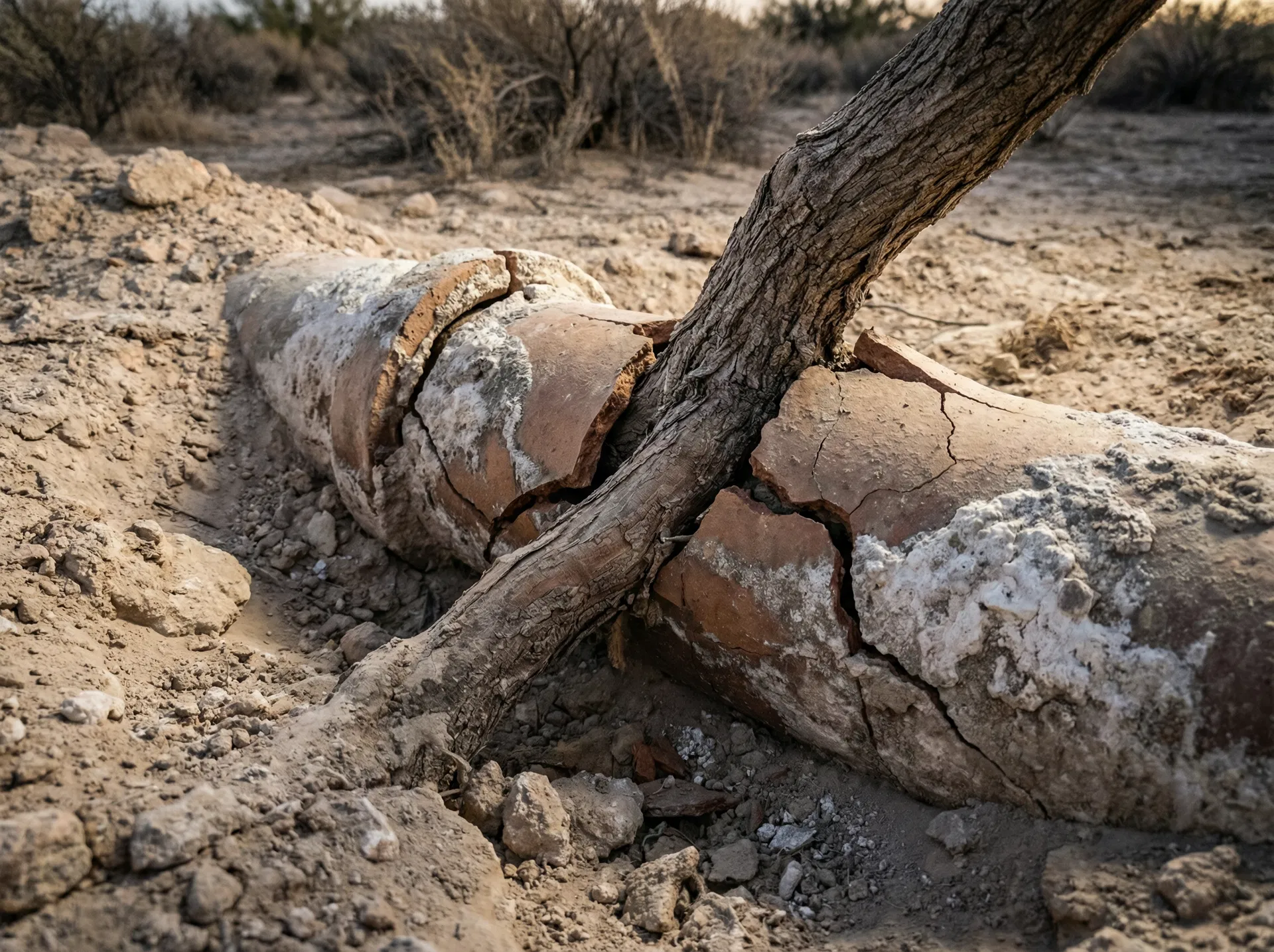 Cracked clay sewer pipe with root intrusion in Las Vegas desert soil