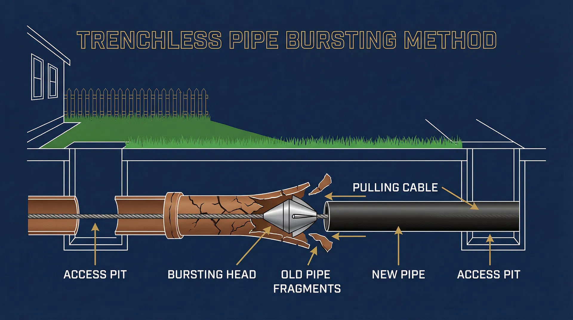 Trenchless pipe bursting method cross-section diagram