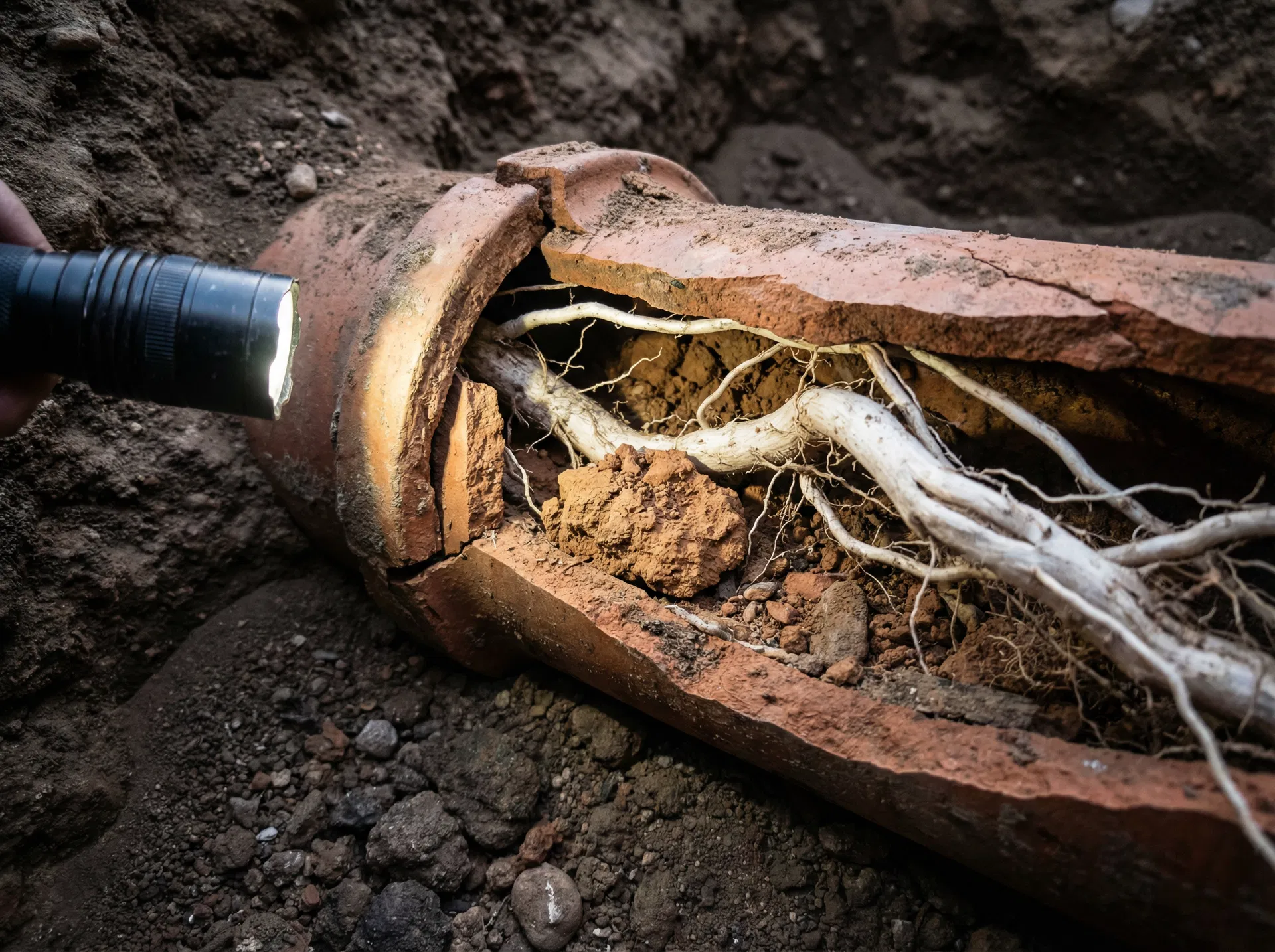 Cracked clay sewer pipe with root intrusion, typical of Sunrise Manor homes