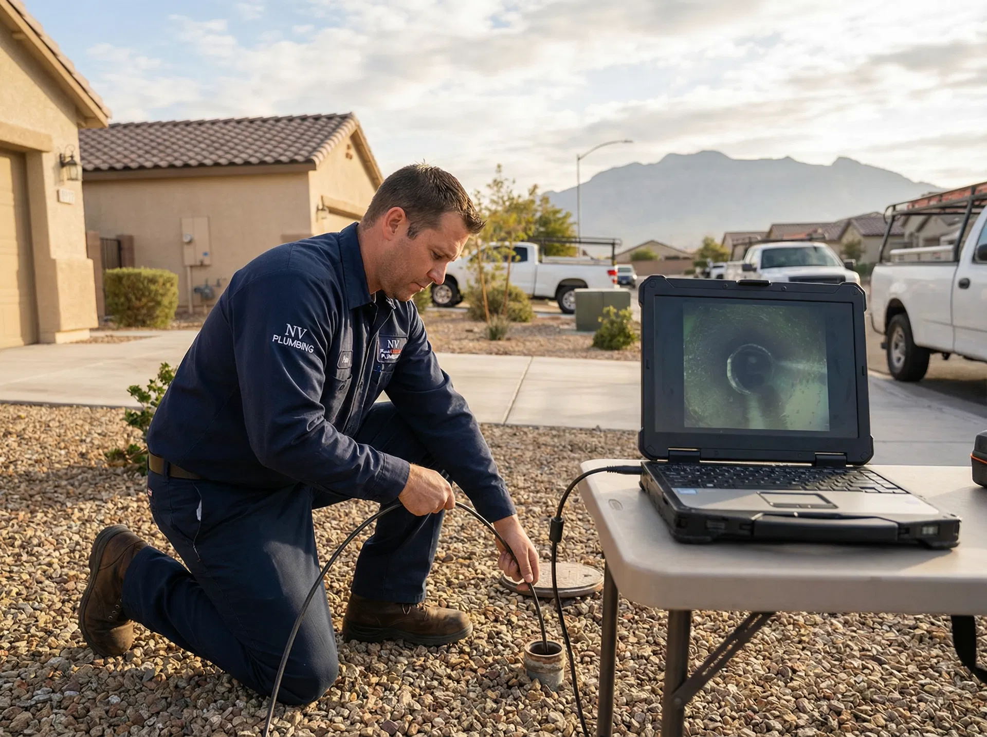 Sewer camera inspection being performed in a Sunrise Manor neighborhood