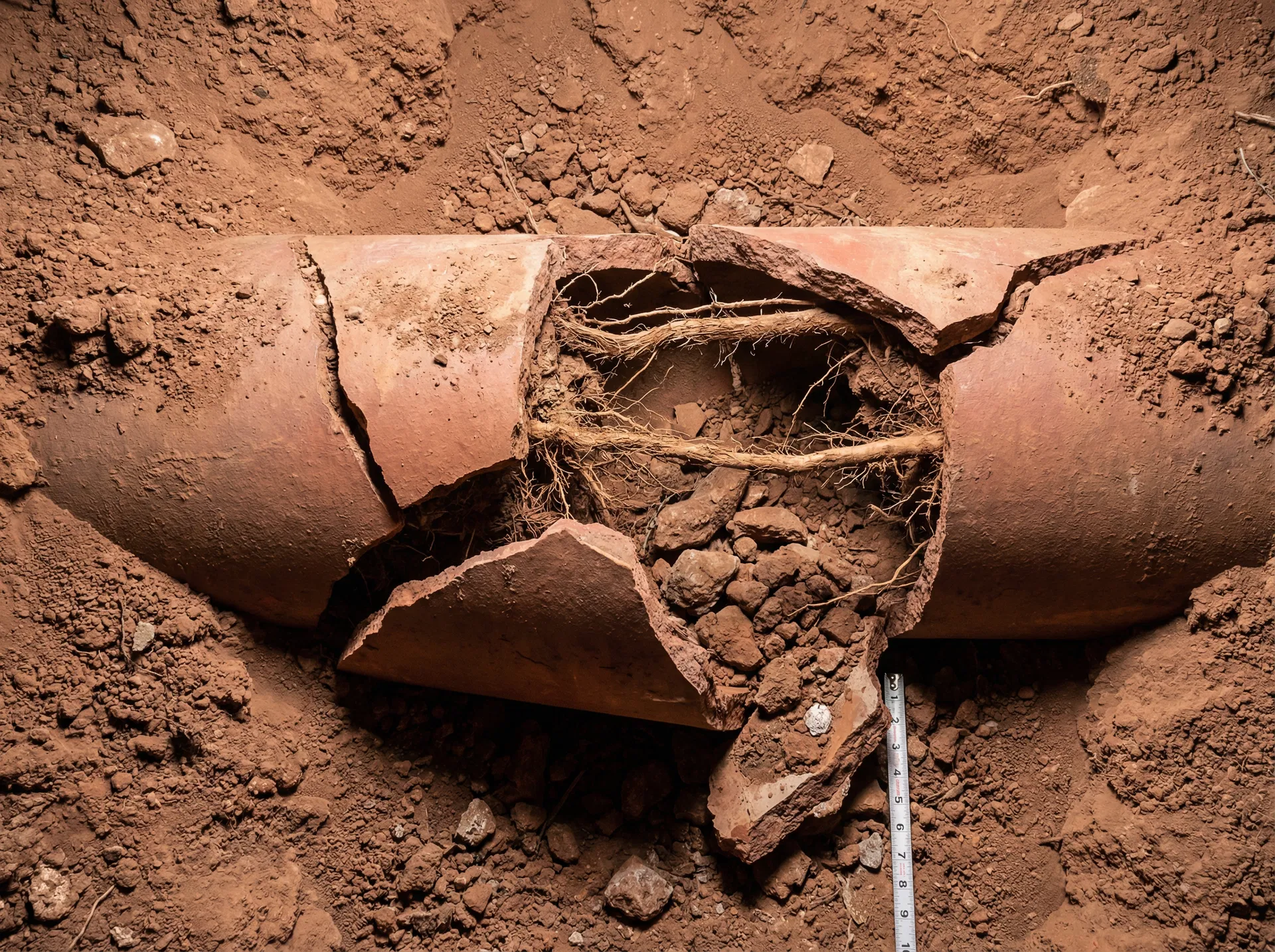 Cracked sewer pipe with root intrusion in Nevada desert soil