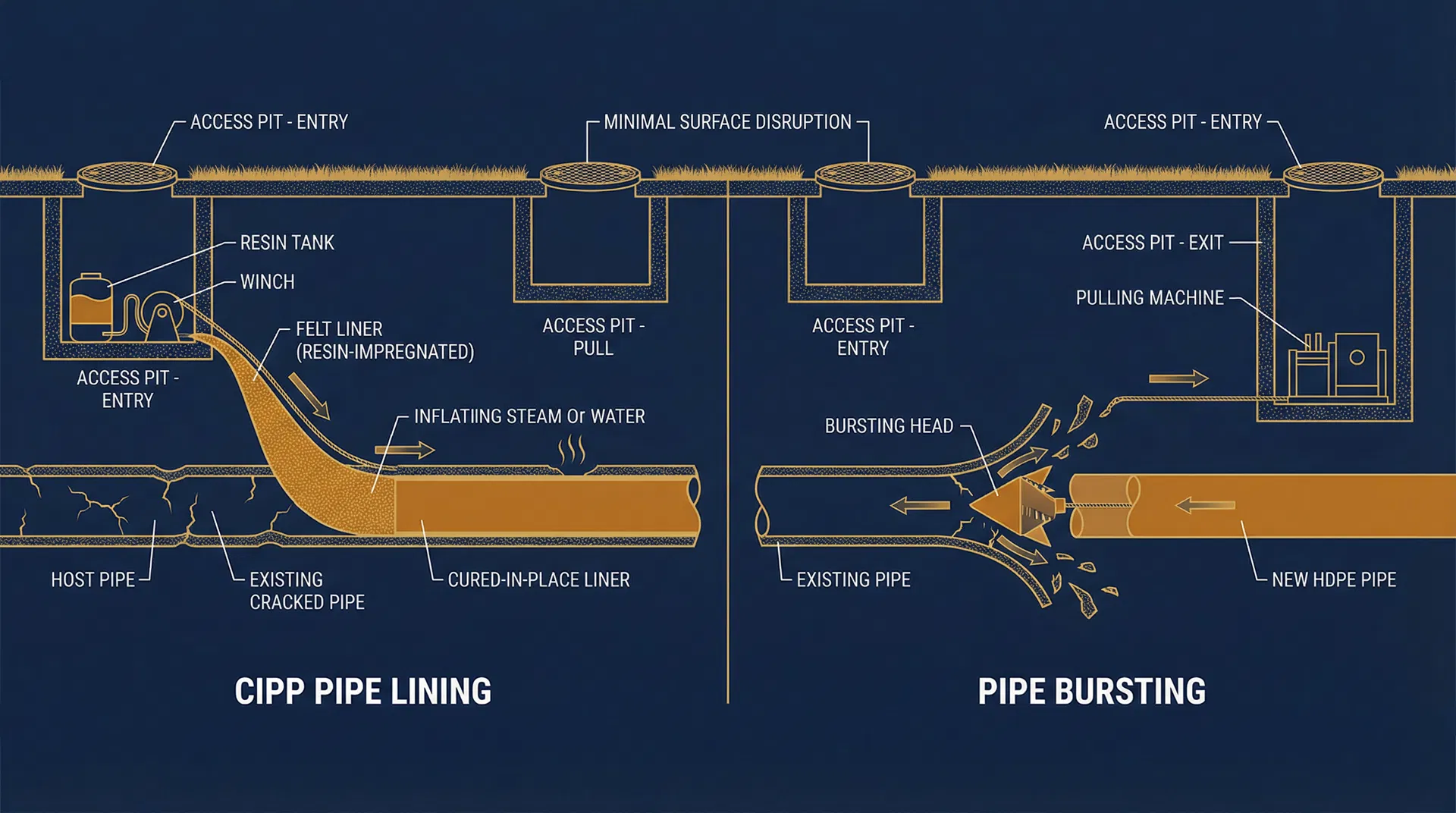 Technical diagram showing CIPP pipe lining and pipe bursting methods