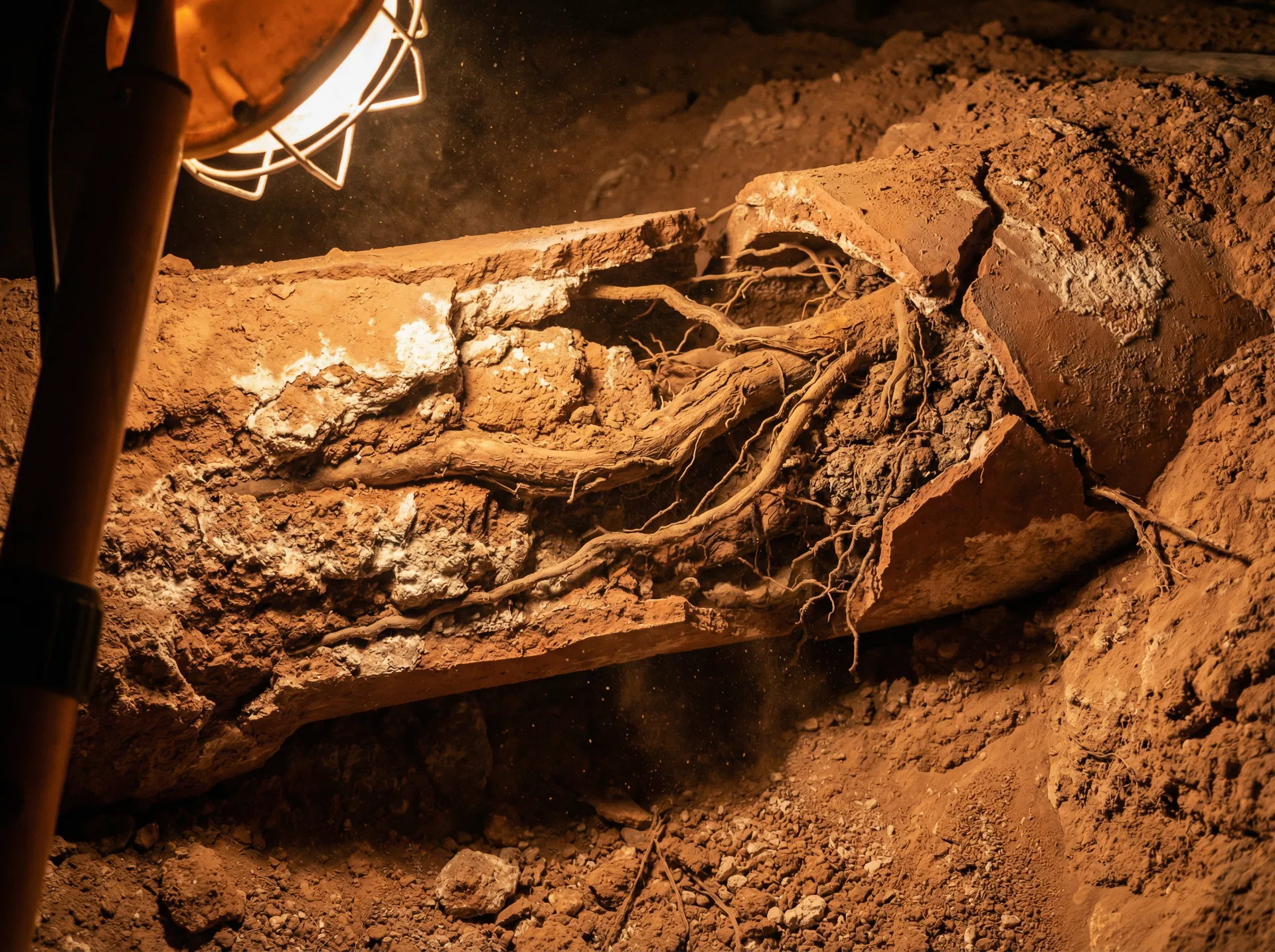 Root-damaged clay sewer pipe excavated from Winchester NV desert soil