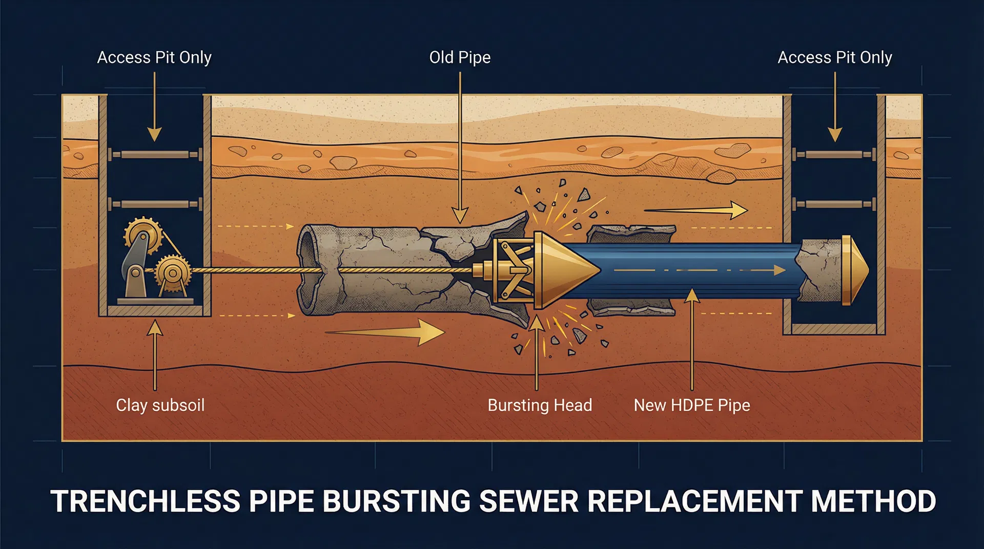 Technical diagram showing trenchless pipe bursting sewer replacement method