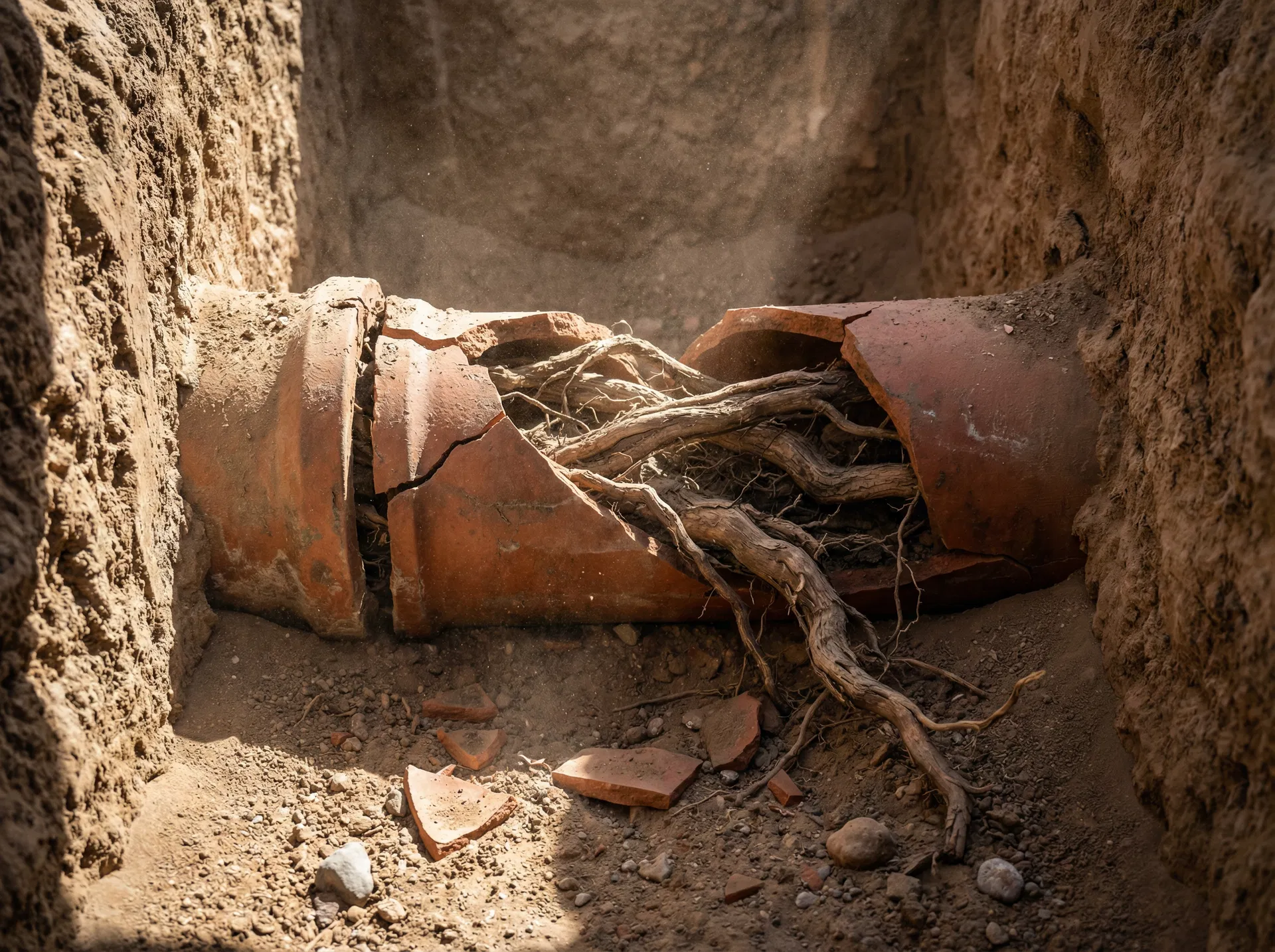 Root-damaged clay sewer pipe in Henderson Nevada desert soil